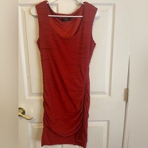 GUESS Red Sleeveless Ruched Midi Dress